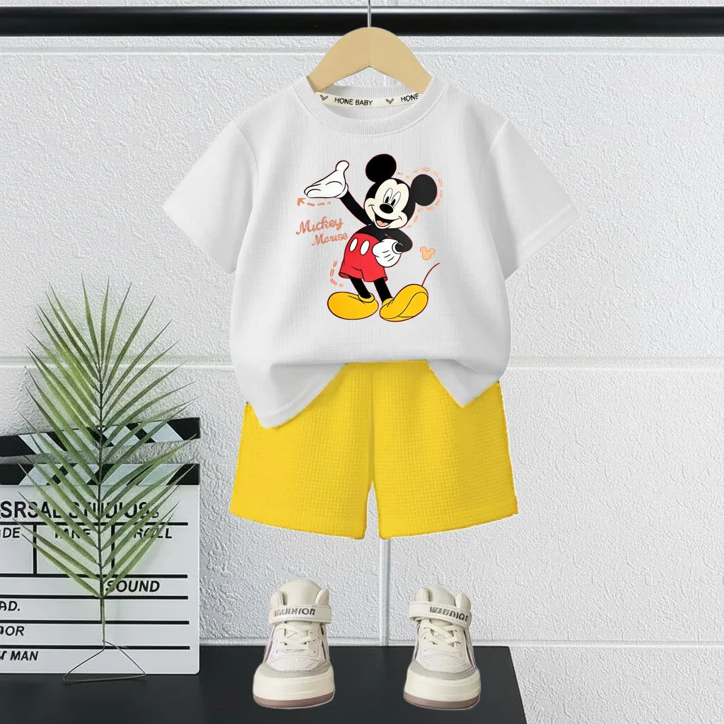 DISNEY Mickey Printed Summer Boys Casual Outfits Children Breathable T Shirt and Short Bottom Two Piece Set Kids Shorts Set New