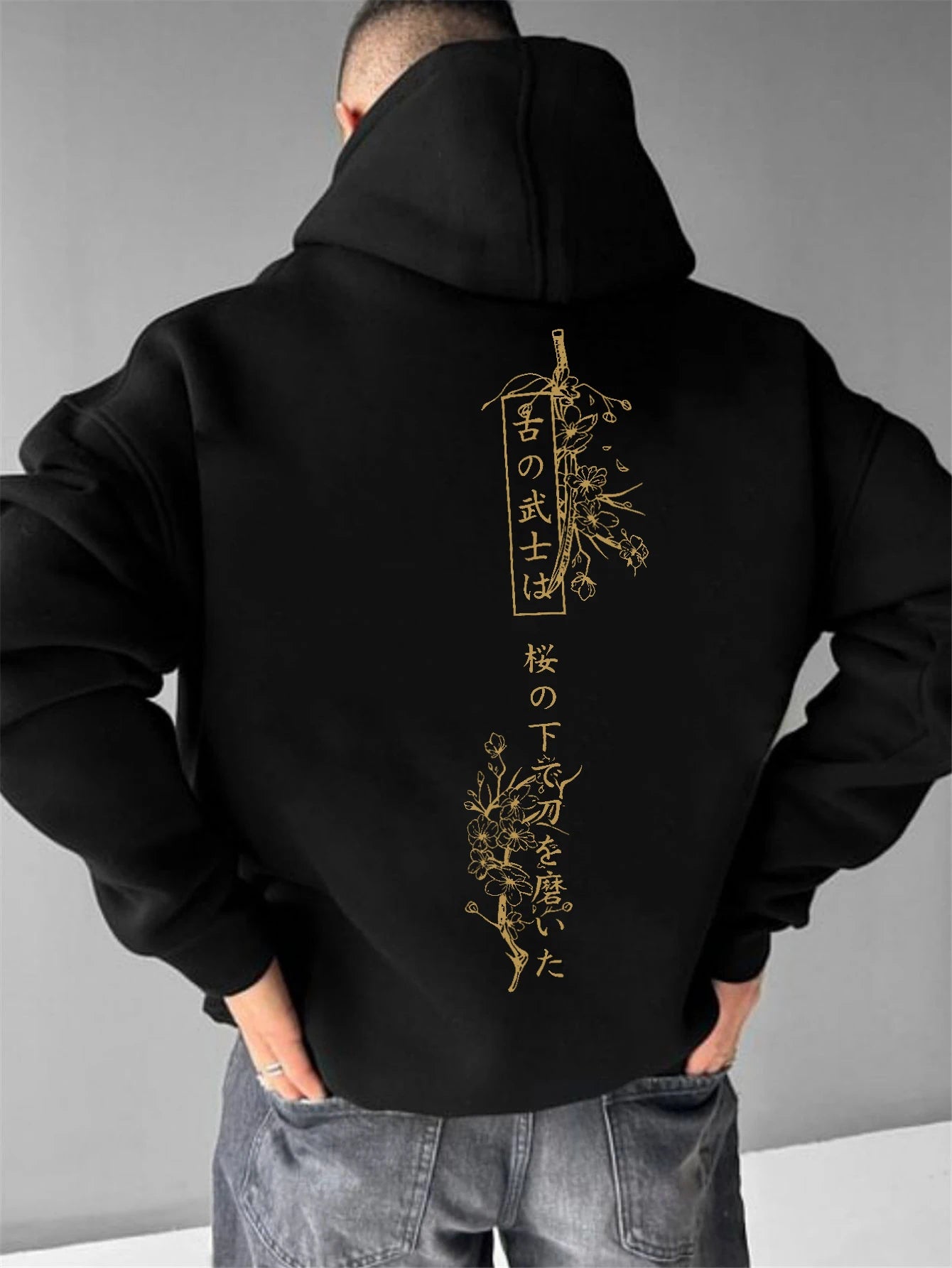 Men's stylish hoodie, 100% polyester fabric, loose fit, Japanese graphic print, stylish casual pullover