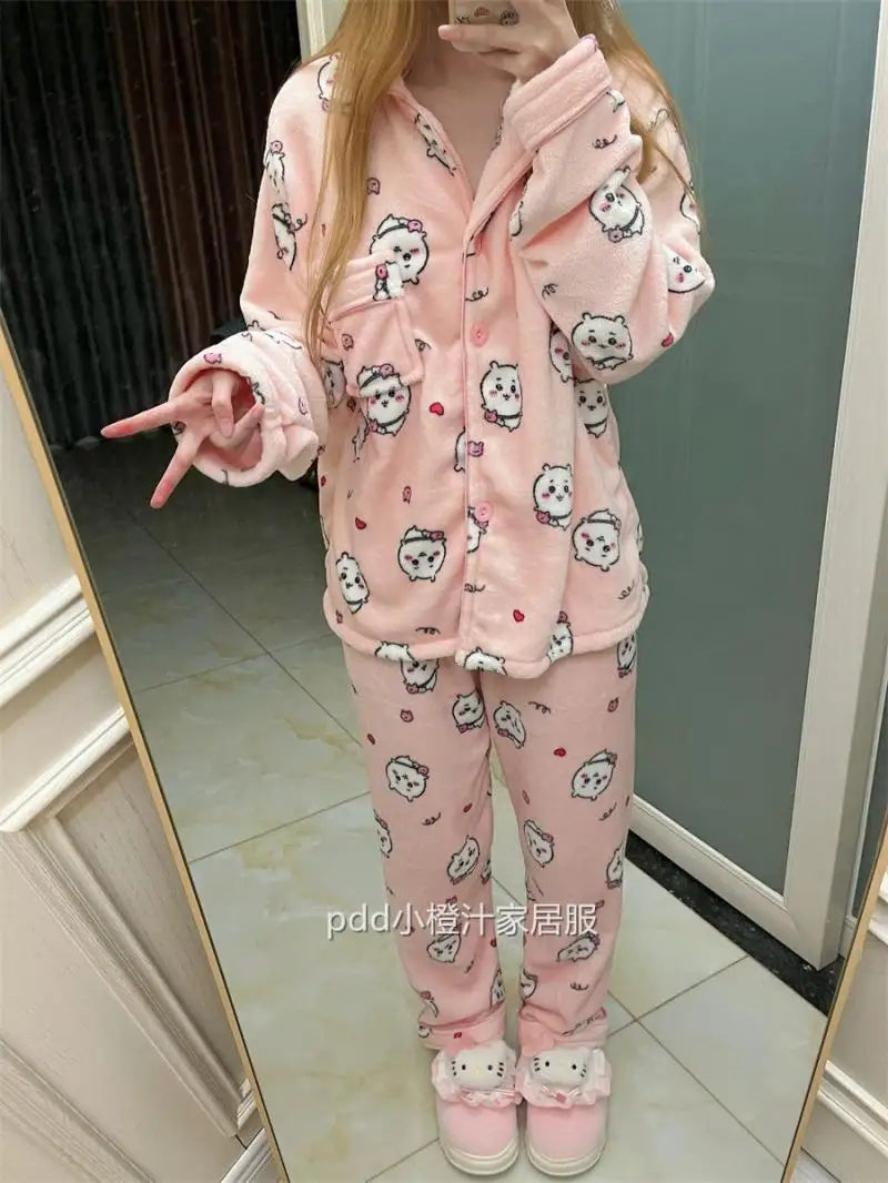 Chikawa Flannel Pjs Thicken Winter Usagi Long Sleeved Pajama Pants Set for Women Plus Velvet Cute Blue Hachiware Home Clothes