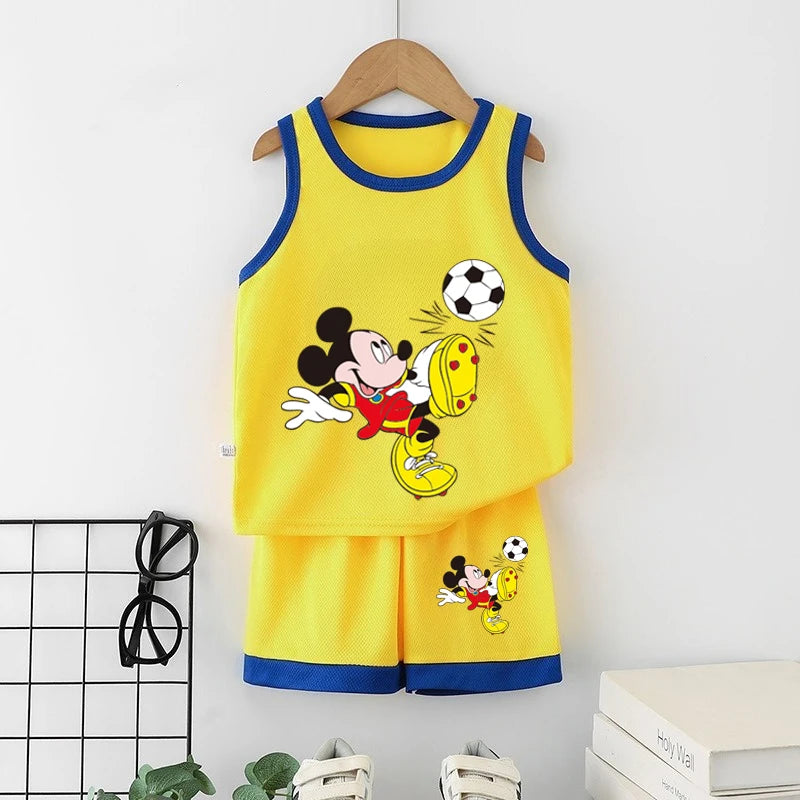 Disney Summer Thin Tracksuits New 2pcs Toddler Boys Casual Quick-drying Vest Tops+Shorts Kid Cartoon Printed Simple Outfits