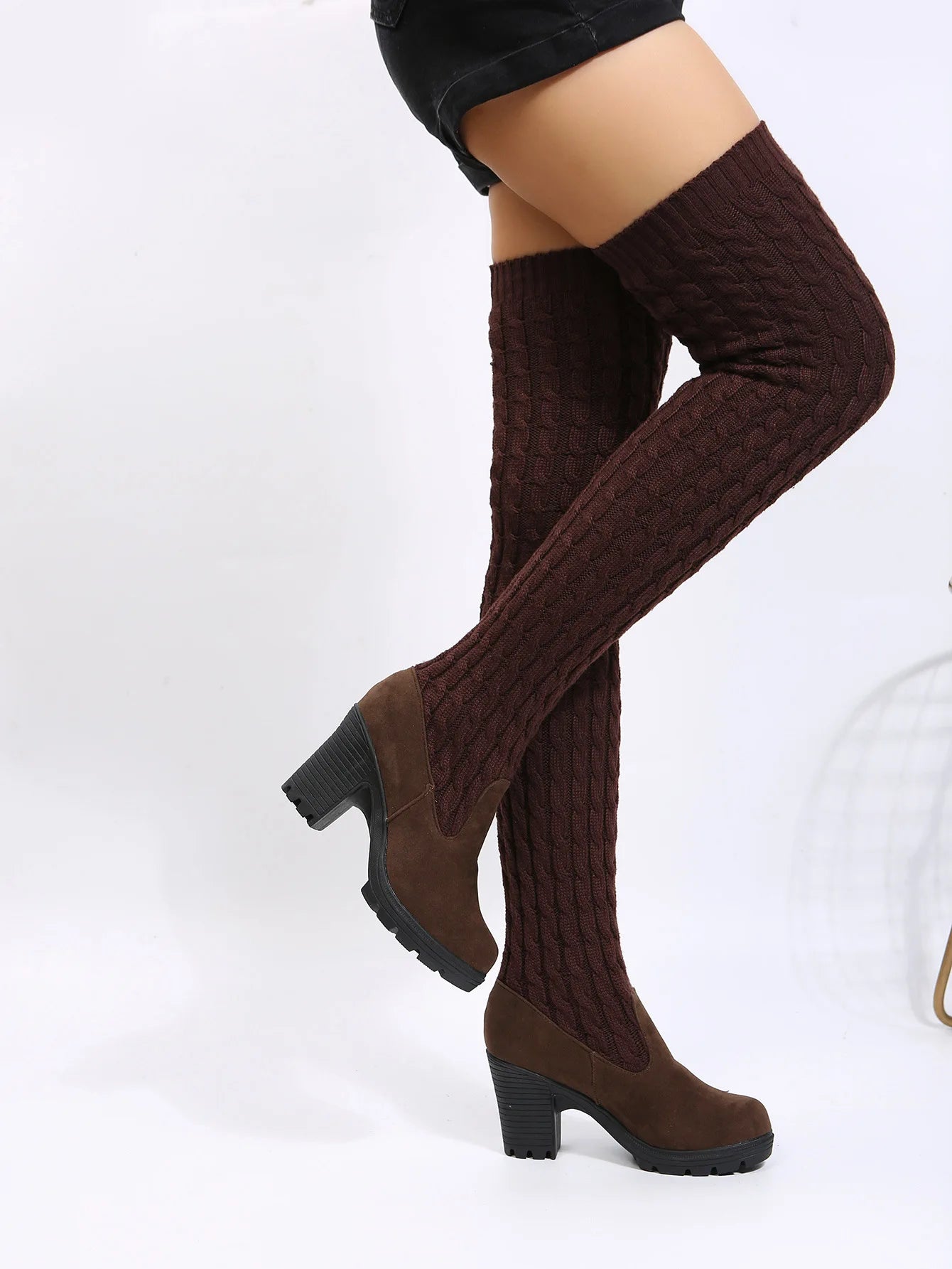 Women's Boots 2026 Autumn Winter High Heels Boots for Woman Shoes Knitting Wool Long Boot Women Brown/Black Boot Ladies Shoes