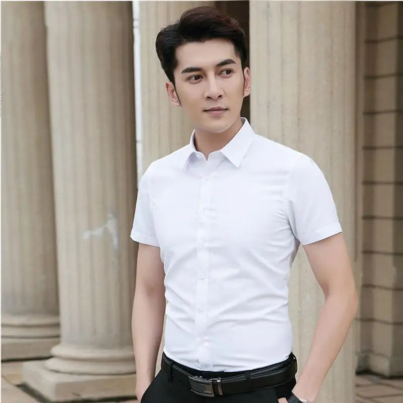 Professional Mens Short Sleeve Shirt White Business Casual Slim Fit Japanese Retro Style Polyester Fiber Printed Shirt for Youth