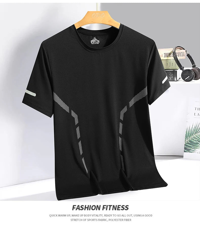 Men Running T-shirt Breathable Stretch Summer Top Gym Fitness Running Thin Short Sleeve Sportswear M-5XL Gray Blue Black White