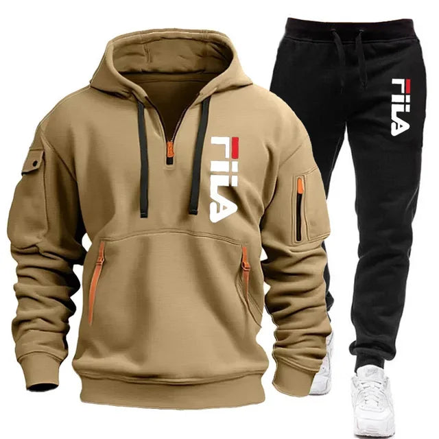 Autumn and Winter 2025 new men's hooded sweatshirt + pants two-piece set, outdoor multi-pocket men's pullover sportswear set