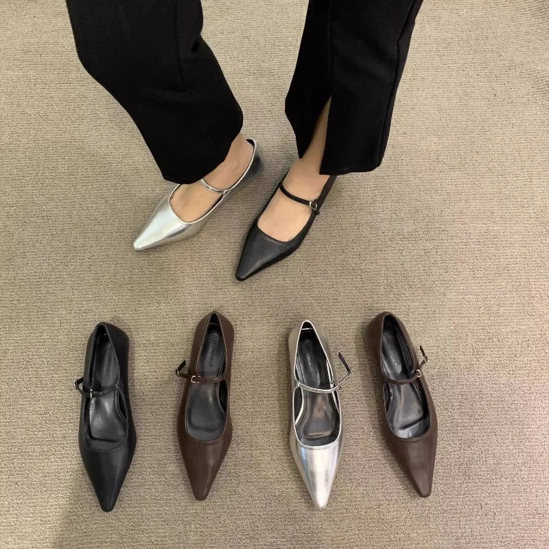 Flat Shoes for Women 2025 Spring Autumn New Mary Jane Shoes Low Heel Pointed Flat Bottomed Women's Shoes Plus Size 42 43 44