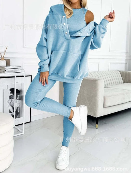 Two Piece Set for Women 2024 Solid Color Casual Comfortable Loose Fitting Long Sleeved Hoodie and Sports Plain Long Pants Set