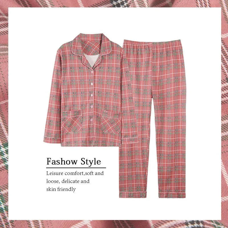 Ladies 100% Pure Cotton Long Sleeve Spring Autumn Lightweight Full Cotton Set Cardigan Sleepwear for Middle-Aged Mothers