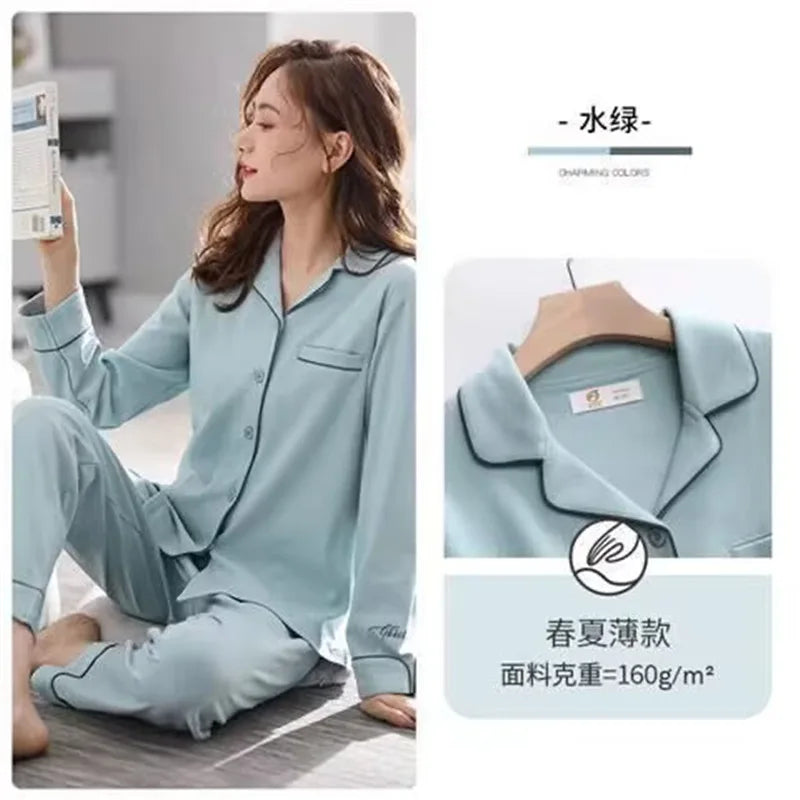Antibacterial Pure Cotton Sleepwear Set for Women Loose Long Sleeve Home Clothes Cardigan Pants Fashionable Korean Style