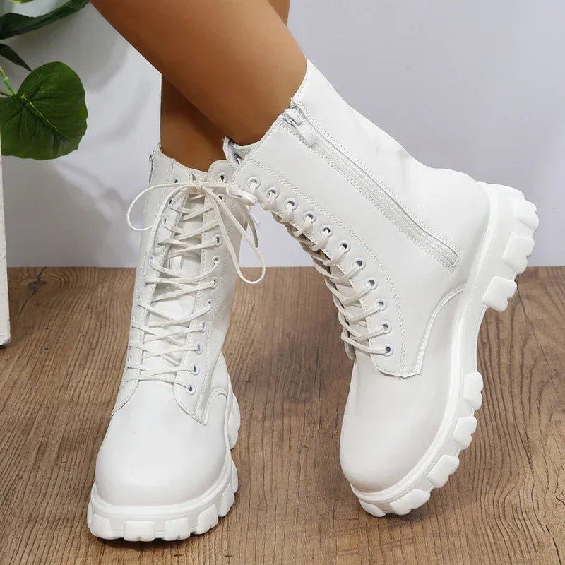 Boots Women 2024 Autumn Winter PU Leather White Ankle Boots Motorcycle Botines Female Chunky Heels Platform Boots Botas Mujer