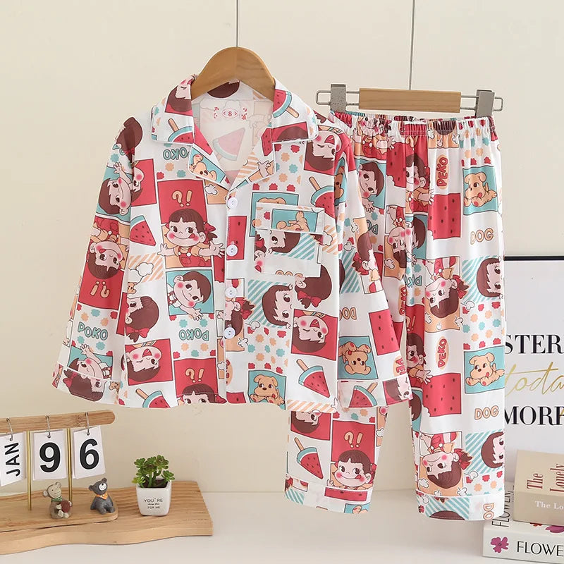 Cartoon New Spring Autumn Children's Pajamas Set Girls Boys Teenagers Stitch Long-sleeved and Pants Outside Home Clothes Set