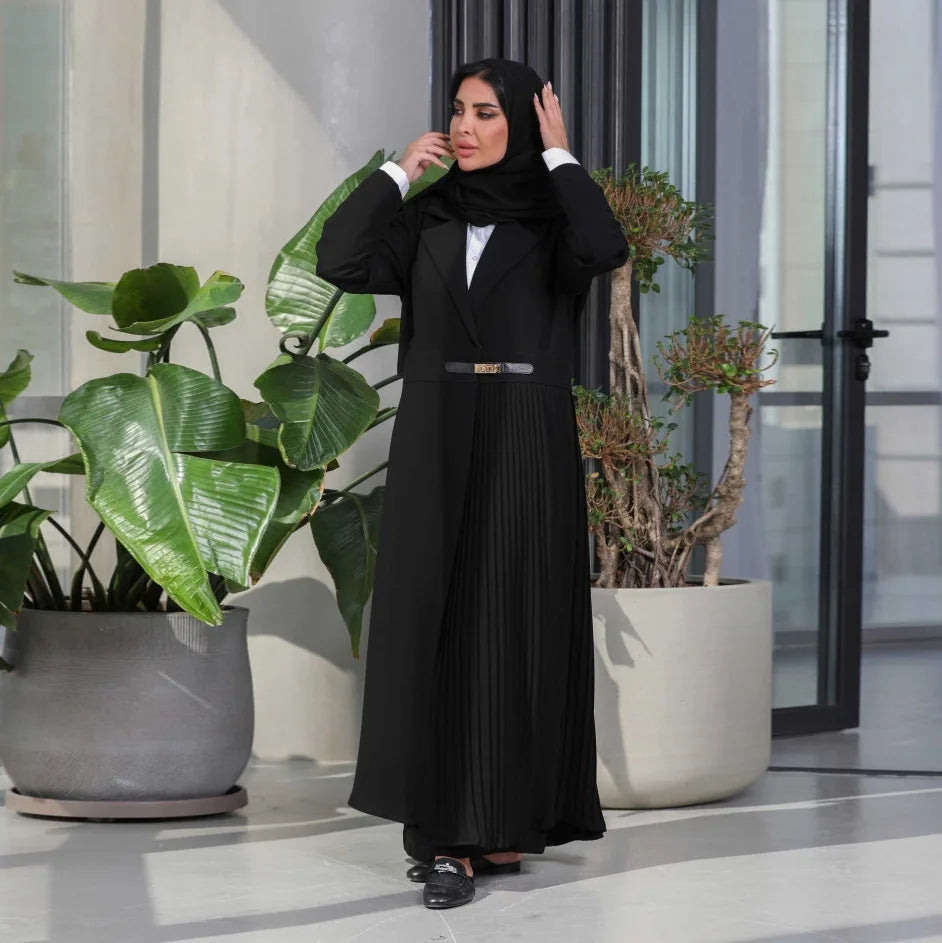 Abaya Cardigan Long Robe Pleated Jacket Muslim Arabic Fashion Leather Button