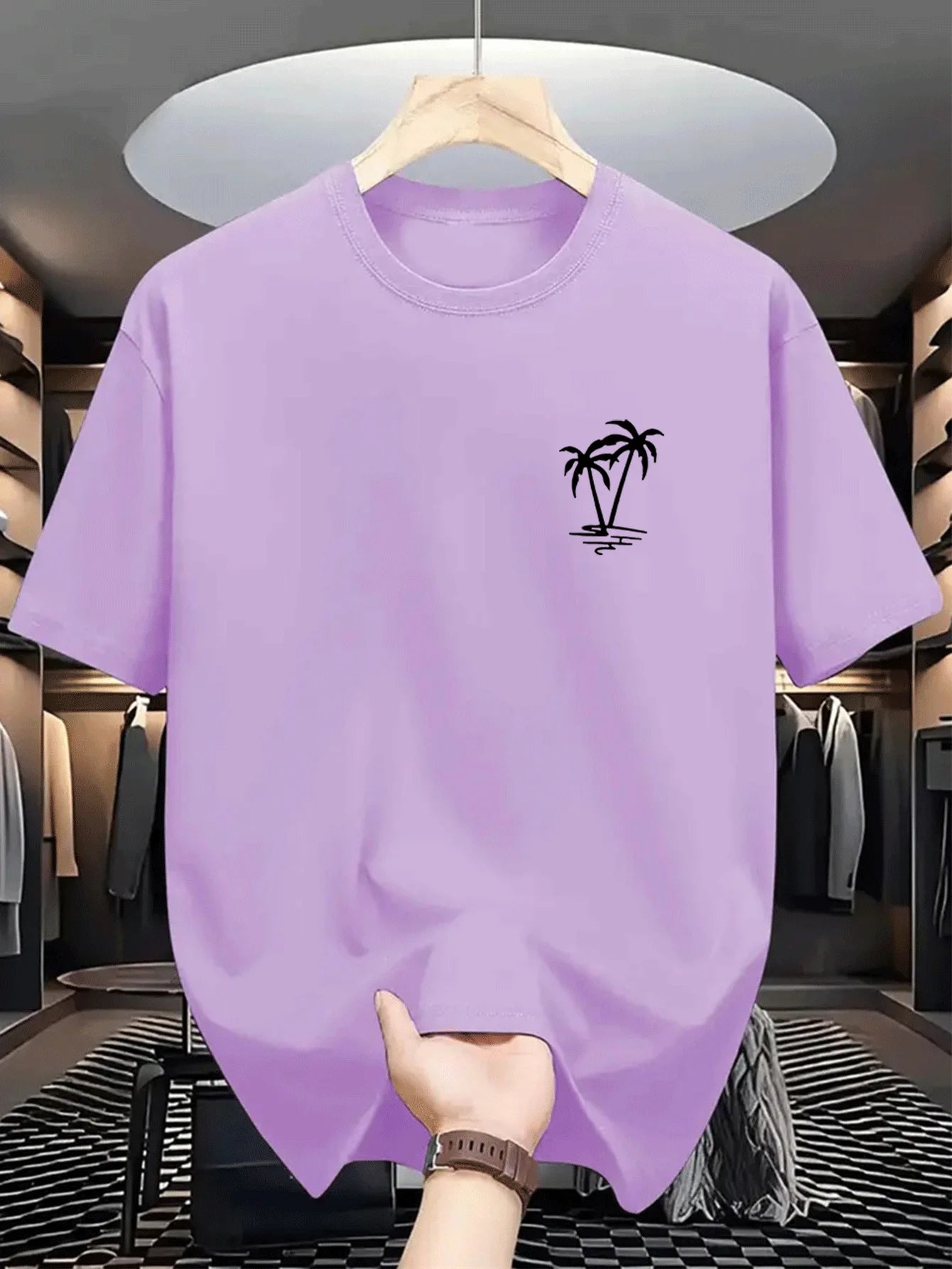 Men's summer  cotton fashionable casual loose coconut tree pattern printed sports round neck short sleeved T-shirt top