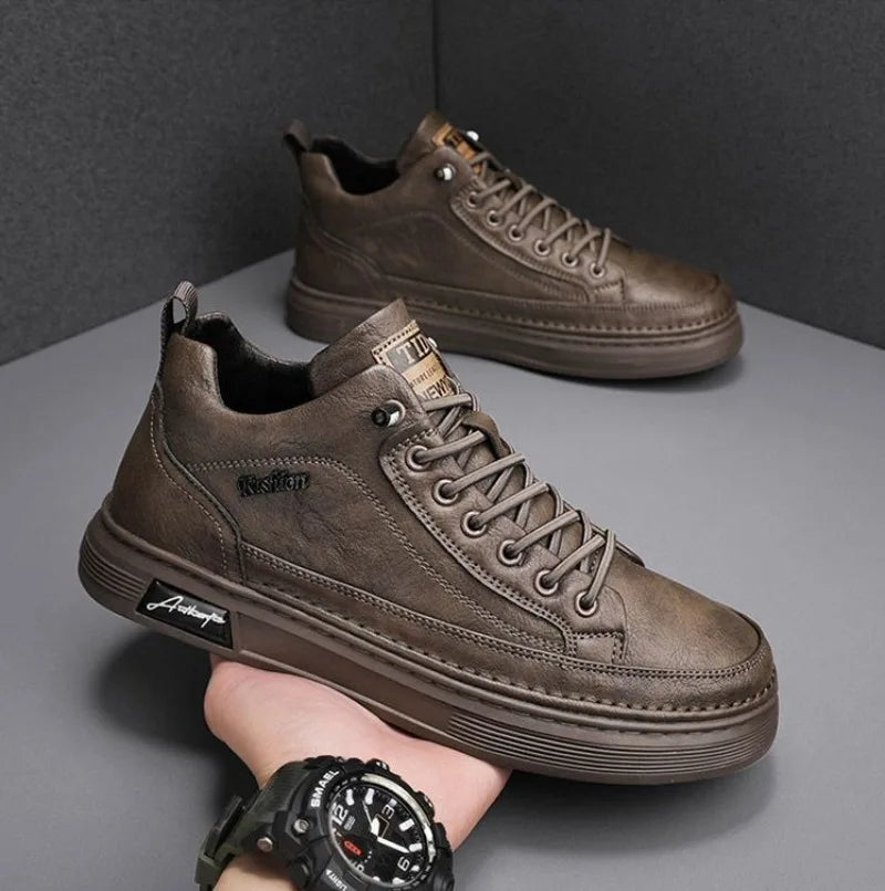 Classic Men Leather Casual Shoes Spring New High Top Platform Shoes Loafers Luxury British Business Style Walking Shoe Masculino