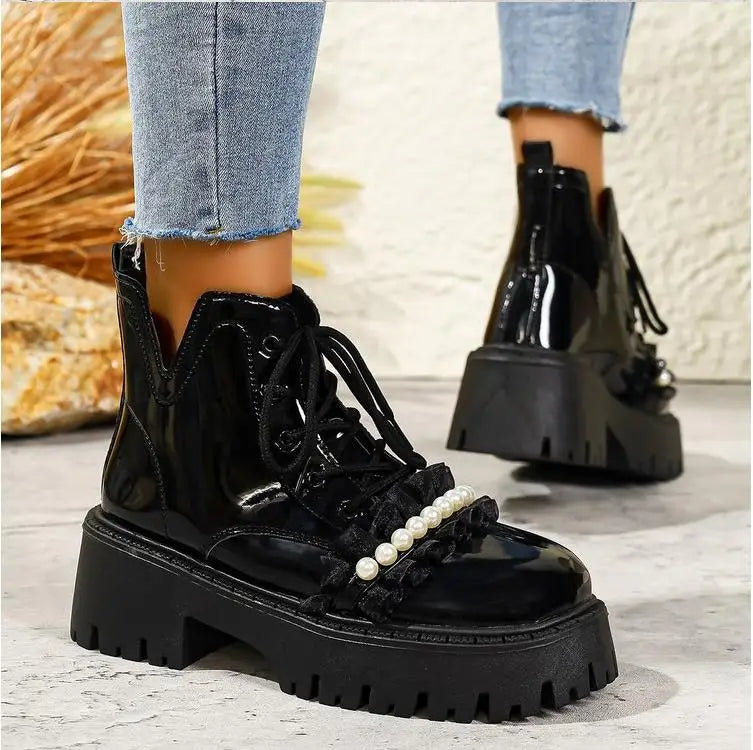 Black Platform Casual Women's Ankle Boots 2025 New Designer Autumn Winter British Style Boots Shoes for Women Botas De Mujer