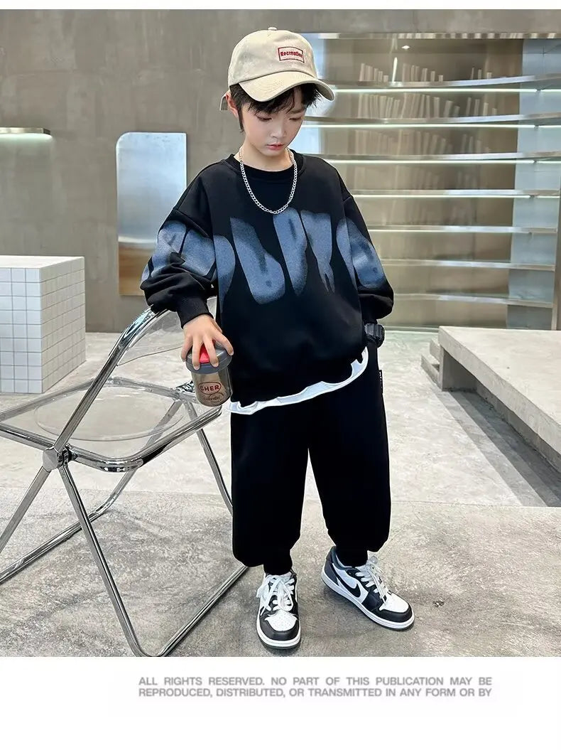 2025  winter autumn Boys Clothes Set cotton loose Sweatshirt hooded + Pants Tracksuits Kids Suit Children 4 8 9 10 11 12 14 Year