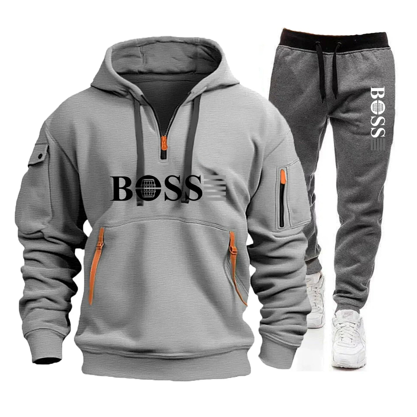 Men's Autumn and Winter New Pullovers Hoodie and Pants 2-piece Set, Outdoor Jogging Windproof Zipper Warm Men's Sportswear