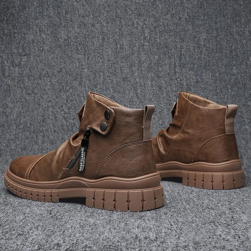 Fashion Mens Ankle Boots British Style High Top Casual Shoes Outdoor Walking Shoes Non-slip Work Boots Comfortable Leather Boots