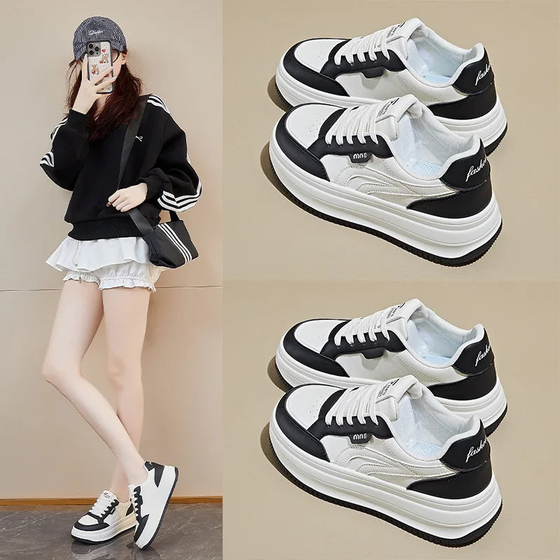 Women's White Shoes2025Autumn New Thick-Soled Platform Shoes Leather Surface All-Season Casual Sports Shoes for Women