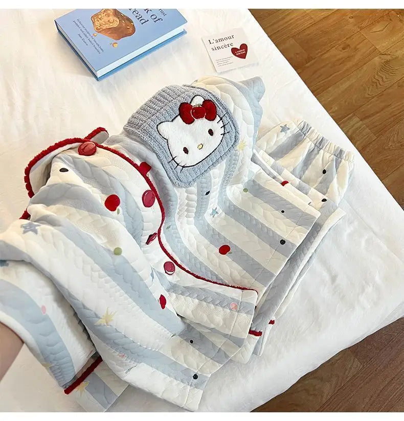 Hot Sanrio Girl Loungewear Set Hello Kitty Anime Kawaii Casual Loose Comfort Air-Layer Fabric 2-Piece Set Children Clothing New