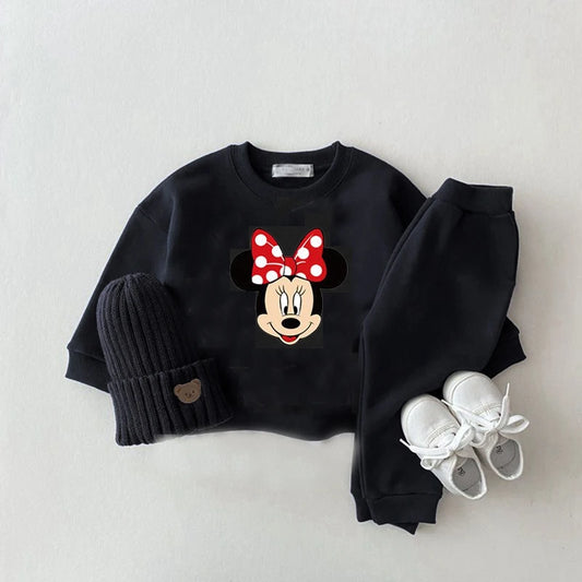 Minnie Sweatshirt Suits Black White Two Piece Set Spring Autumn Costume Fashion Simple Hoodies Sweatpants Kids New Clothing