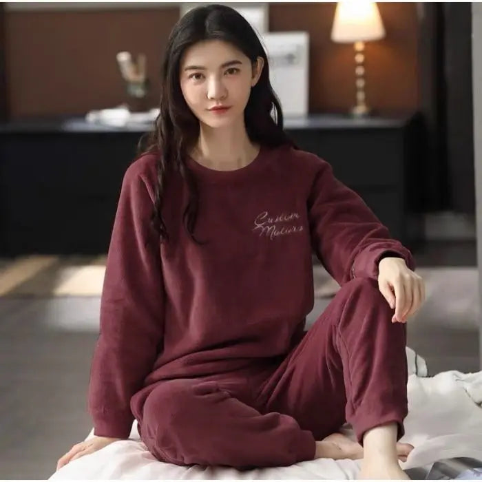 Thickened Long Sleeve Home Clothes Set with Chest Pad Winter Coral Fleece Korean Style Student Cute Large Size Home Clothes Set