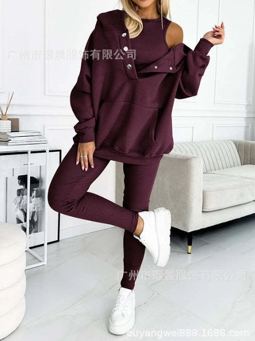 Two Piece Set for Women 2024 Solid Color Casual Comfortable Loose Fitting Long Sleeved Hoodie and Sports Plain Long Pants Set