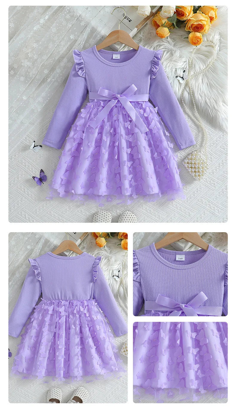 Custom Made Girls' Dresses Girl Three Butterfly Sweet Mesh With Belt Long Sleeved Dress Vestidos De Bebê