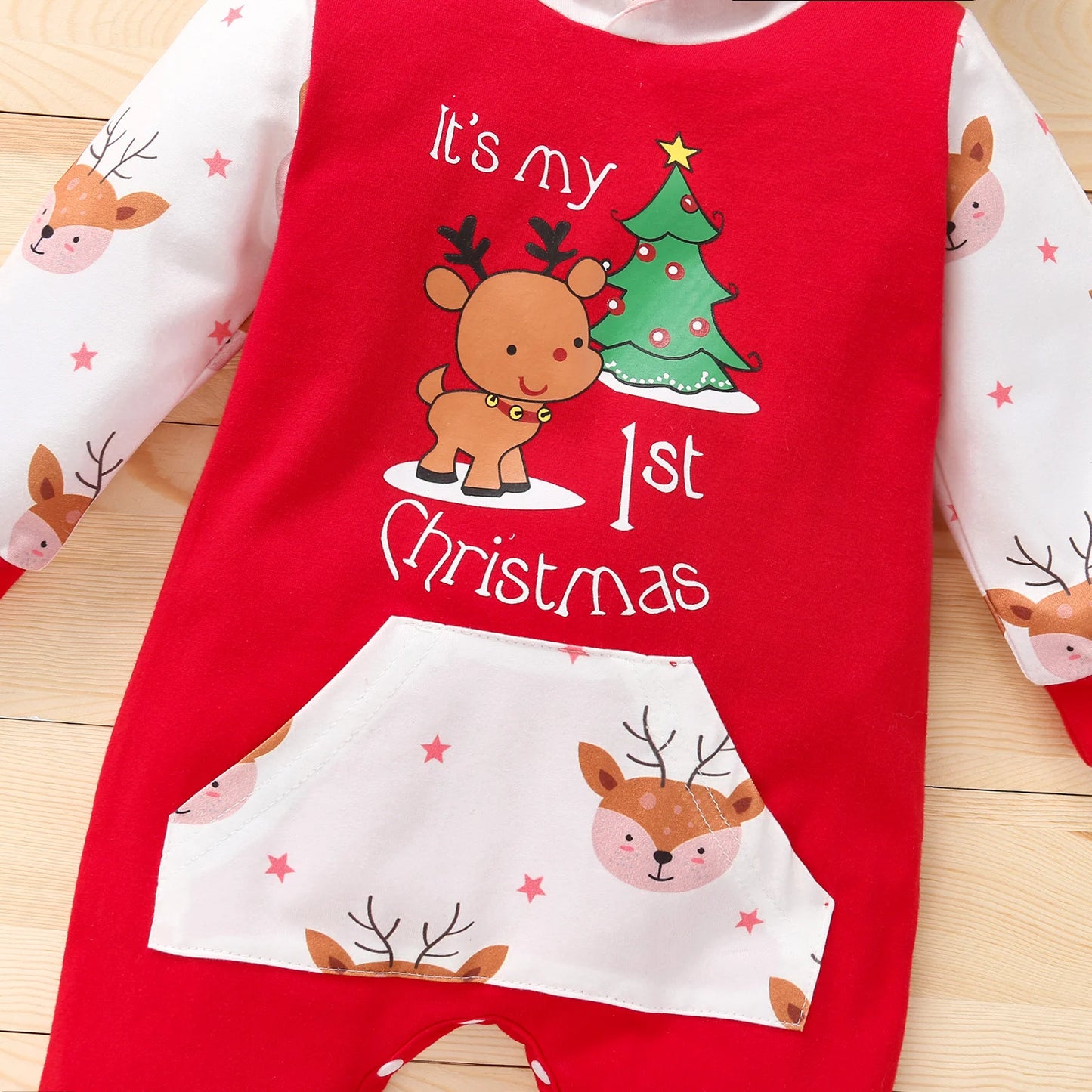 Unisex Baby Christmas Printed Romper Long Sleeve Hooded Jumpsuit with Front Pocket