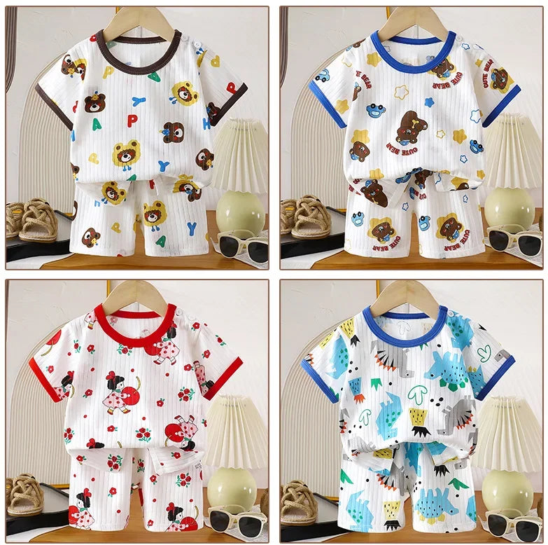 Kids Summer Pure Cotton Clothing Sets Boys Girls Cute Cartoon Short Sleeve T-Shirt Tops with Shorts Toddler Baby Casual Pajamas