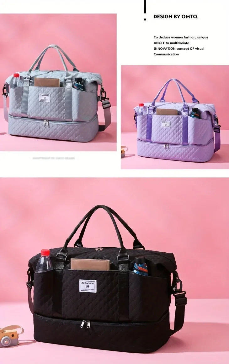 2pcs Set Large Capacity Travel Duffel Bag with Shoe Compartment and Cosmetic Pouch, Casual Nylon Gym Bag, Weekend Overnight Bag