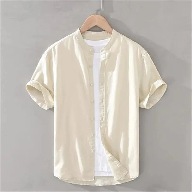Japanese Style Loose Fit Lightweight Short Sleeve Linen Shirt round Neck Summer Casual Menswear White Cotton Linen Blend