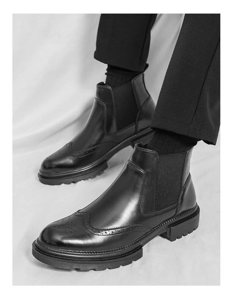 Men's riding boots British-style retro brogue carved high-top leather shoes men's casual leather shoes thick-soled leather boots