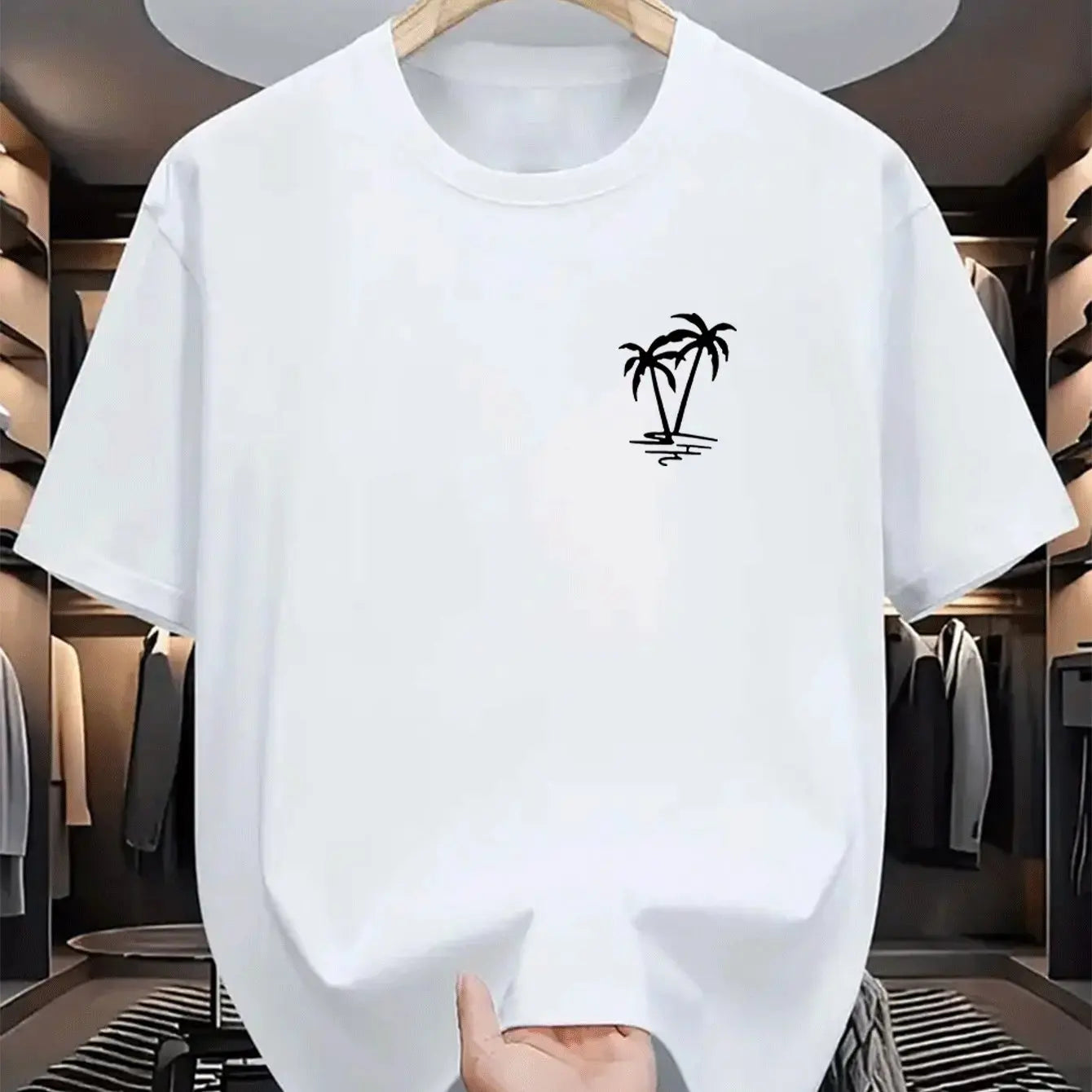 Men's summer  cotton fashionable casual loose coconut tree pattern printed sports round neck short sleeved T-shirt top