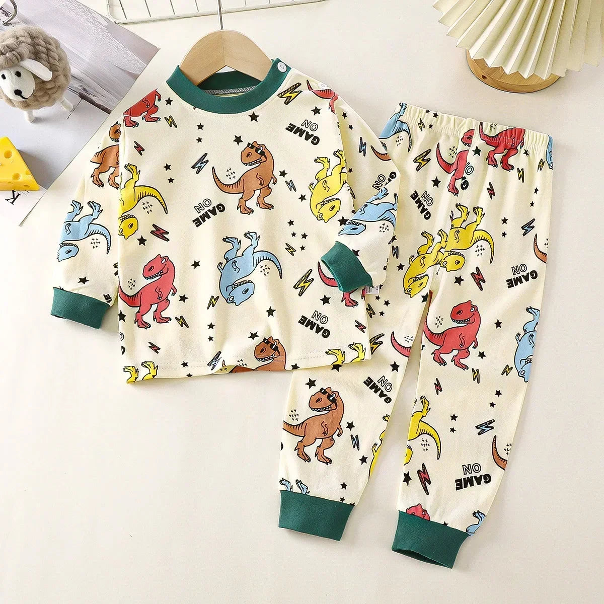 New 2025 Boys Girls Autumn Warm Pure Cotton Pajamas Kids Cute Cartoon Dinosaur Long Sleeve Pyjamas Baby Sleepwear Clothing Sets