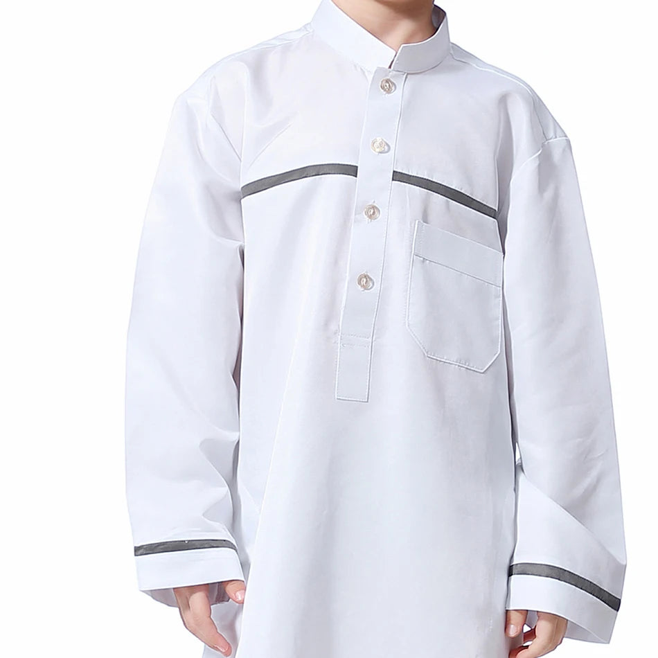 Ramadan Eid Islamic Boys Long Robe Children Traditional Arab Thobe Thawb Caftan Solid Color Long Sleeve Stand Collar with Pocket