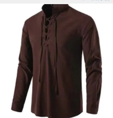 Men Cotton Linen Lace Up Long Sleeve Solid Blouse Shirts Summer Male Solid Loose Pullover Blouse Tops ARJ-A1776