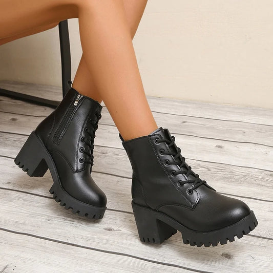 Fashionable New Comfortable and Wear-resistant Women's Work Boots Winter Elegant Solid Color Round Toe Lace Up Short Boots