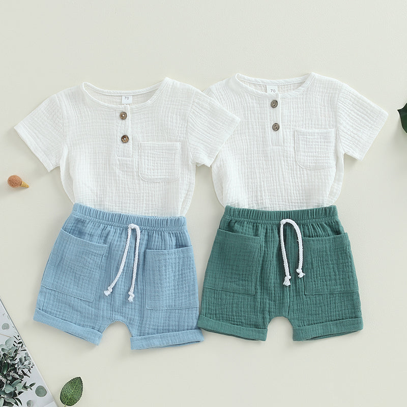 VISgogo 0-3Y Baby Boy Clothes Outfits Short Sleeve Button Down Pocket Tops Solid Color Shorts Set Toddler Summer Clothes 2Pcs