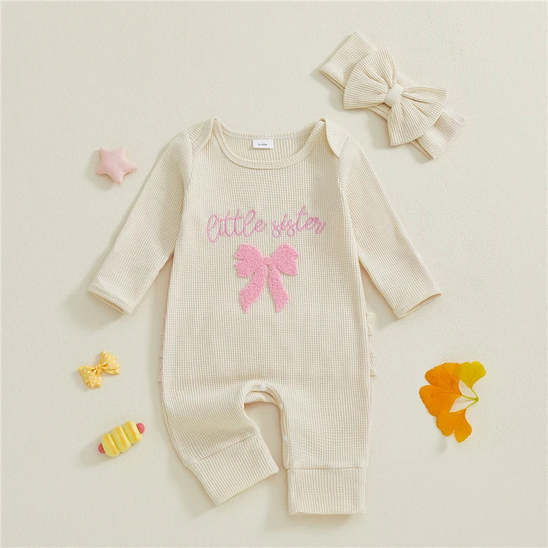 Newborn Baby Girls 2Pcs Fall Romper Outfits Long Sleeve Round Neck Bow Letter Embroidery Jumpsuit with Headband Set