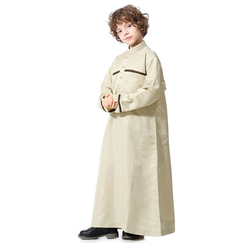 Ramadan Eid Islamic Boys Long Robe Children Traditional Arab Thobe Thawb Caftan Solid Color Long Sleeve Stand Collar with Pocket