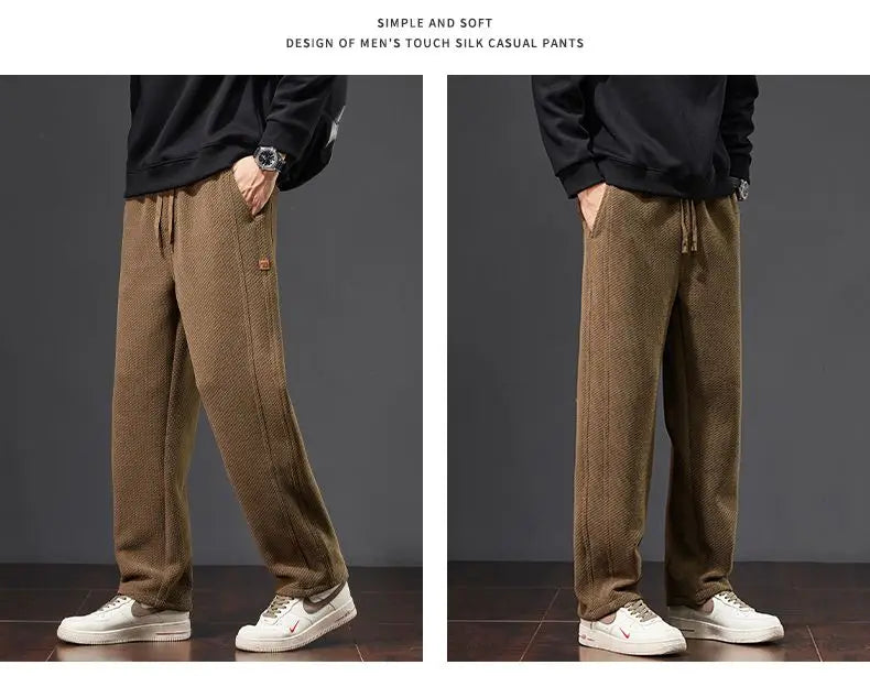 Autumn and Winter Plush Knitted Plaid Comfortable Wide Leg Straight Casual Pants Men Slacks Men's Pants Plush Slacks