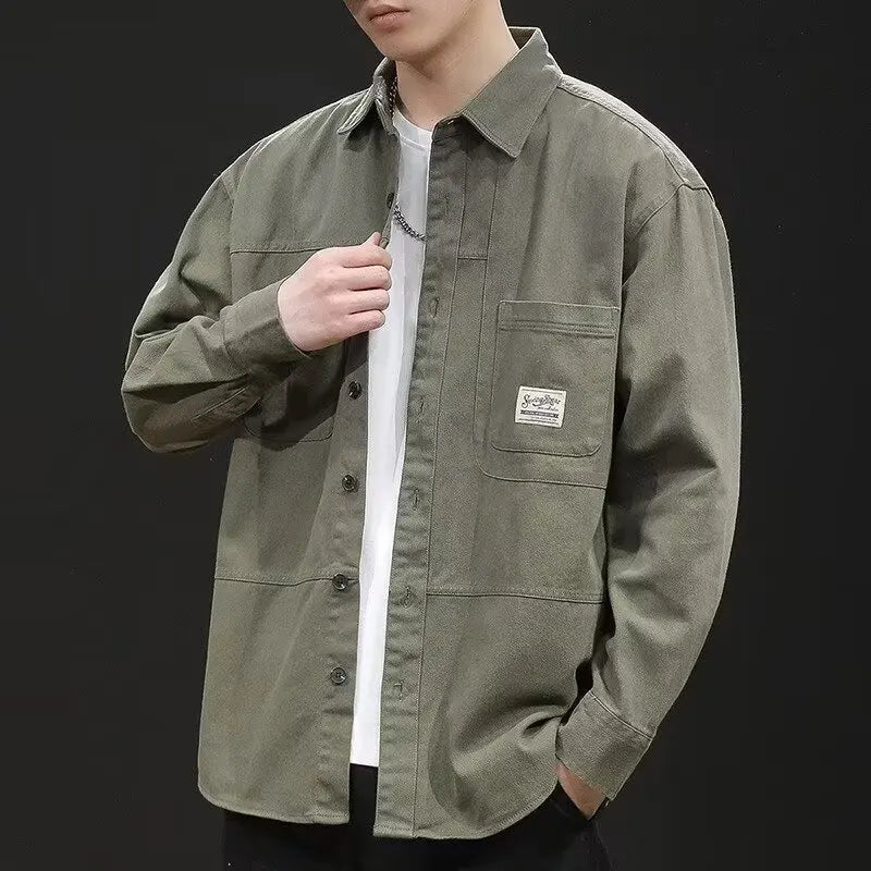 Retro Casual Loose Fit Men's Shirt Long Sleeve Turn-down Collar Fashionable Workwear Jacket Outerwear for Youth