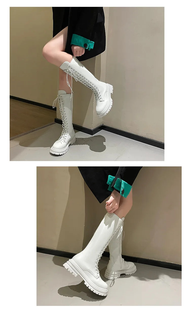Long boots for women  spring 2025 new white thick soled long boots with thick legs and high waisted straps