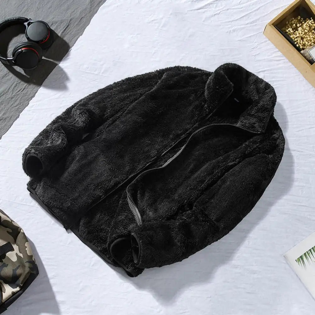 Women Winter Coat Stand Collar Double-sided Fleece Neck Protection Zipper Closure Long Sleeves Heat Retention Outdoor Jacket