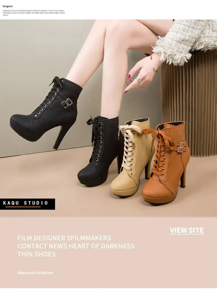 Women High Heels Platform Ankle Boots 2025 Autumn Winter Fashion Thick Heel Cross Strap Boots Female Belt Buckle Short Booties