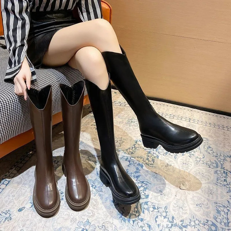 Boots Women's Autumn and Winter New Flat Bottom Black Long BootsVVersatile Slimming Long Boots Height Increasing Elastic High