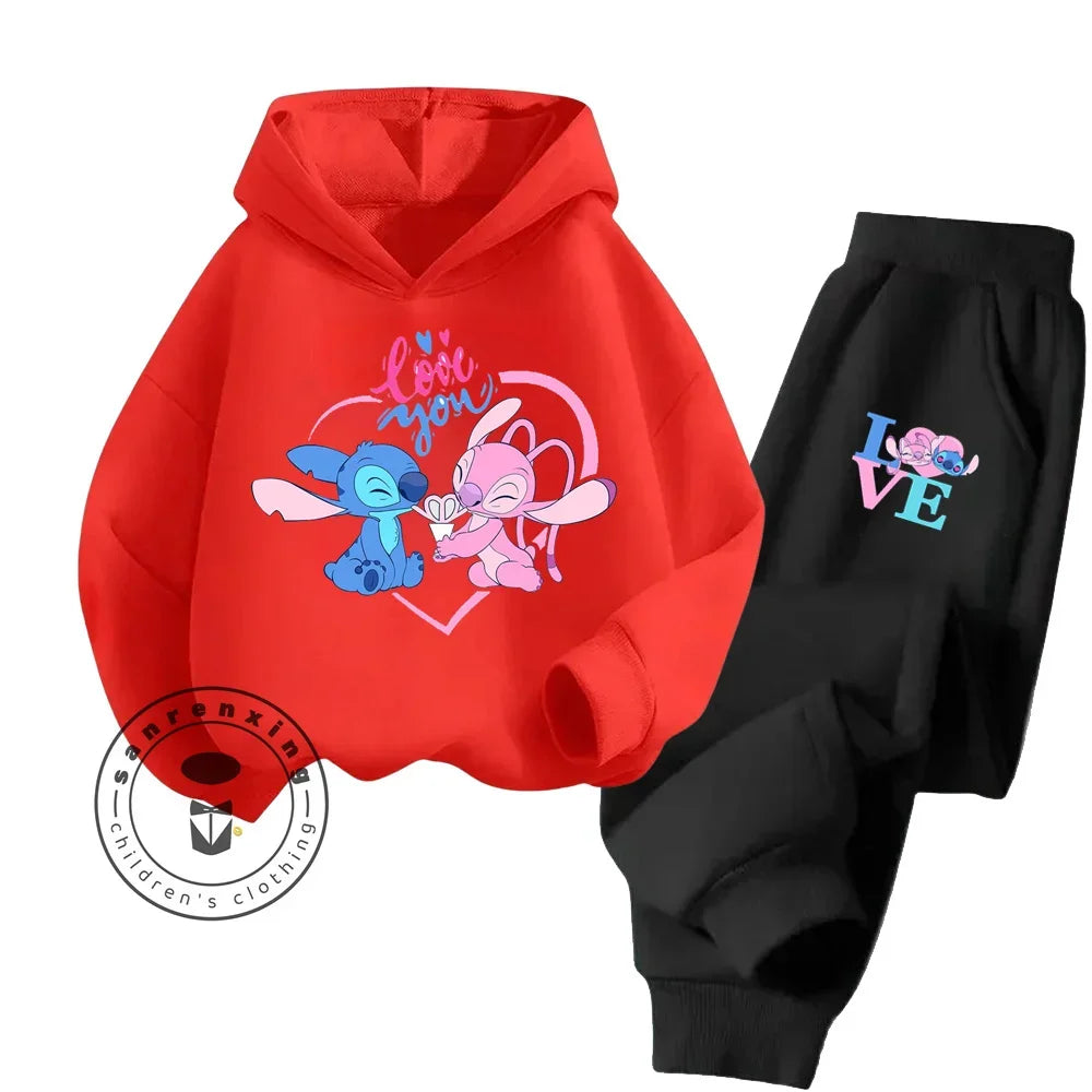 Cartoon Stitch Children Hooded Sweatshirt+Pants Two-piece Set Boy Girl Autumn Winter Daily Outdoor Vacation Warm Soft Sportswear