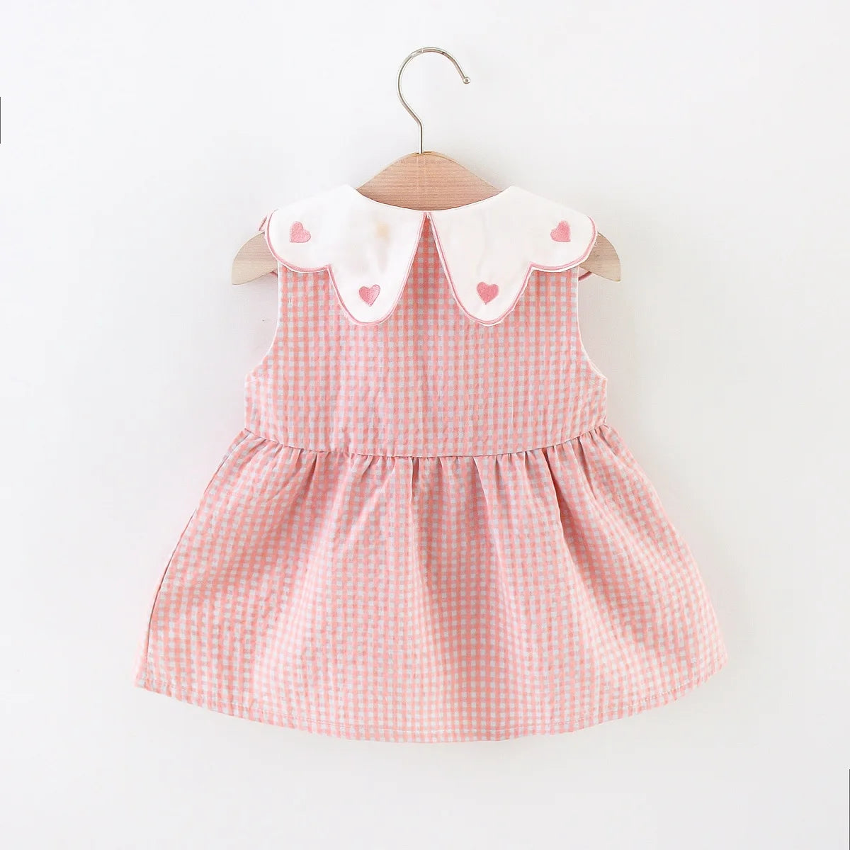 2 Pcs Summer New Dress Girl's Sleeveless Lace Heart Collar Sweet and Beautiful Plaid Button Cotton Cloth Dress
