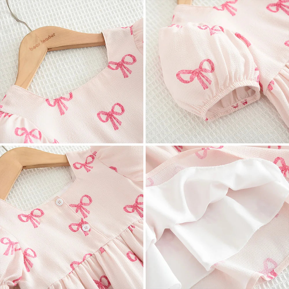 Pink Dreamy Sweet Girl Fairy Princess Dress Sleeveless Bow Decoration Mesh Lace Children's Casual Clothes Birthday Party Summer