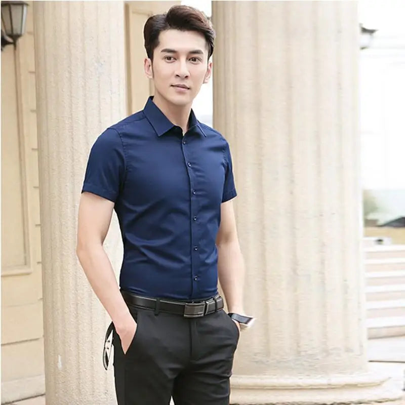 Professional Mens Short Sleeve Shirt White Business Casual Slim Fit Japanese Retro Style Polyester Fiber Printed Shirt for Youth